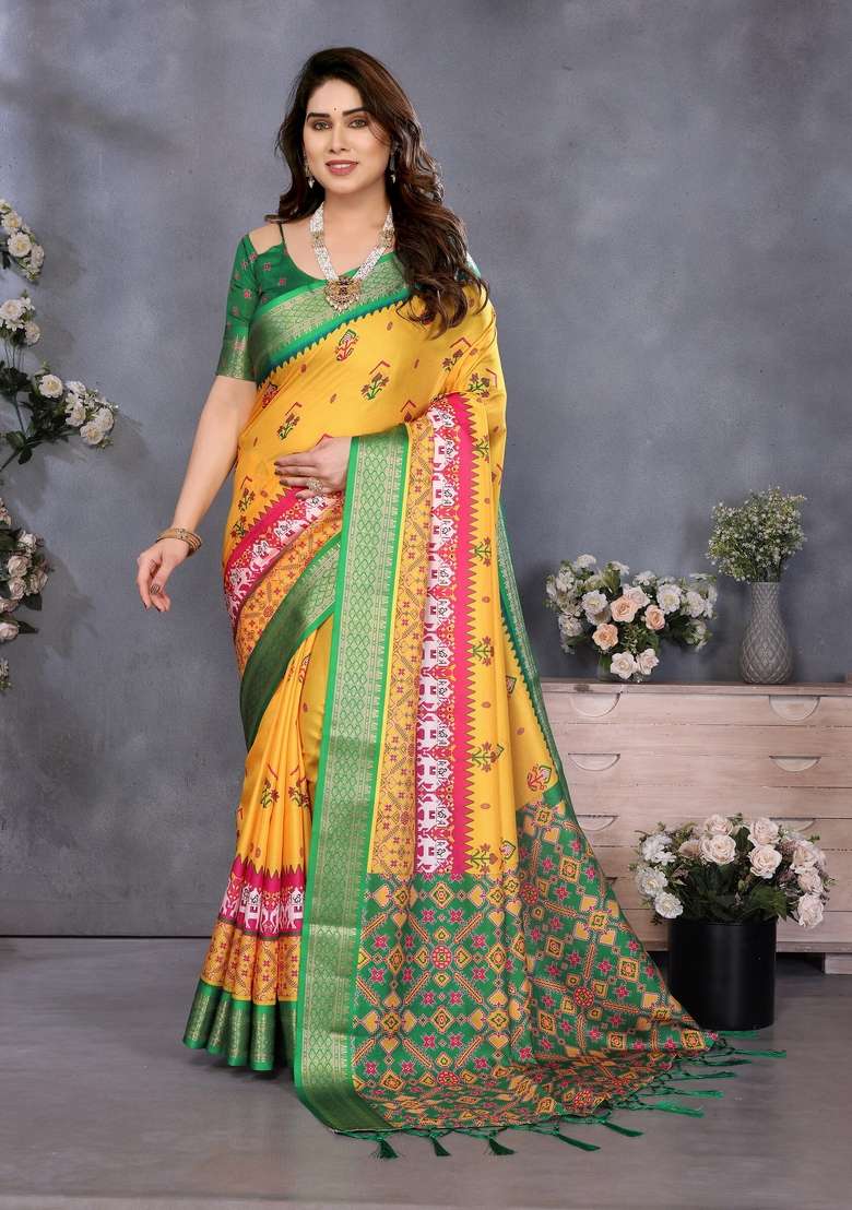Yellow Silk Blend Saree Set with Printed for Diwali | Wedding & Festive Wear - Indya