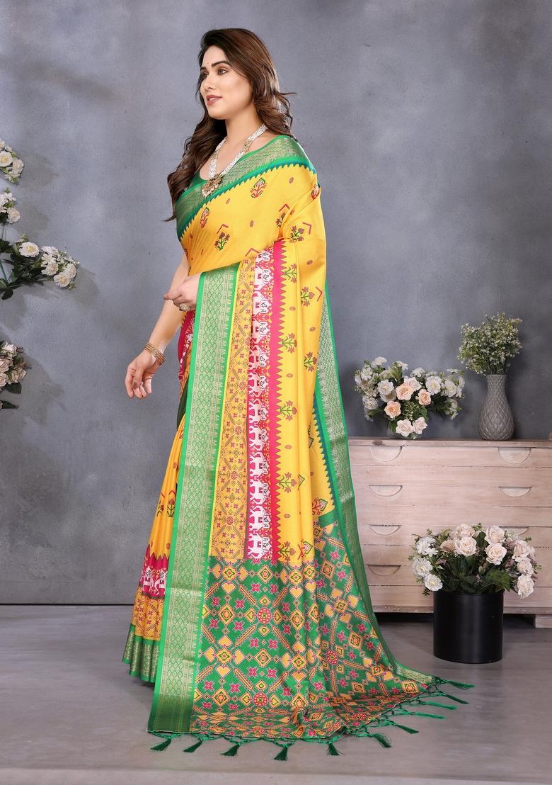 Yellow Printed Silk Blend Saree Set - Indya