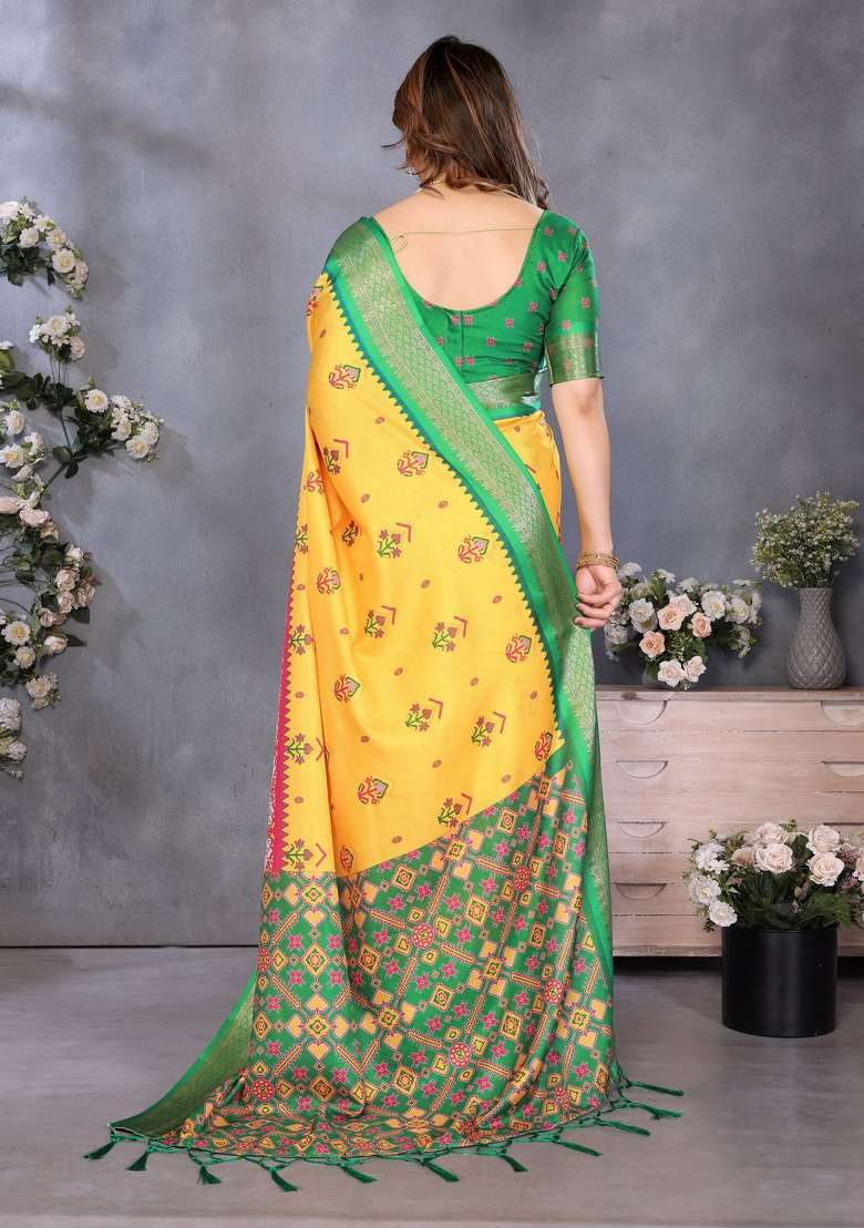 Yellow Silk Blend Saree Set with Printed for Diwali | Wedding & Festive Wear - Indya