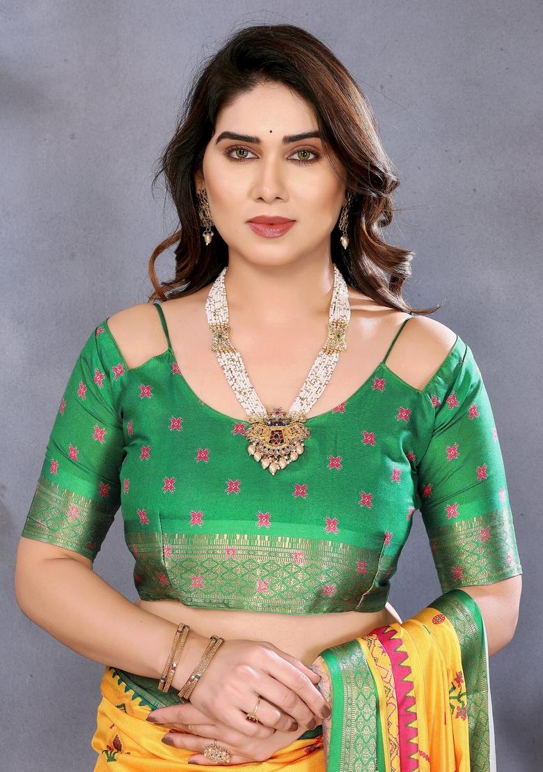 Yellow Printed Silk Blend Saree Set - Indya