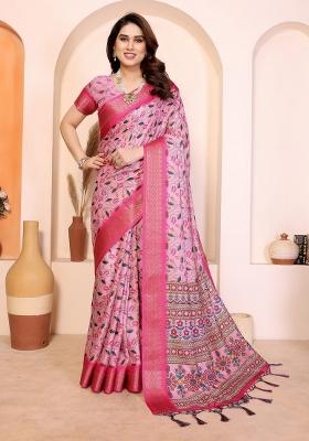 Pink Printed Silk Blend Saree Set