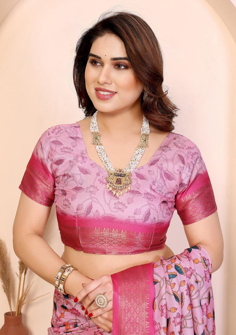Pink Printed Silk Blend Saree Set - Indya