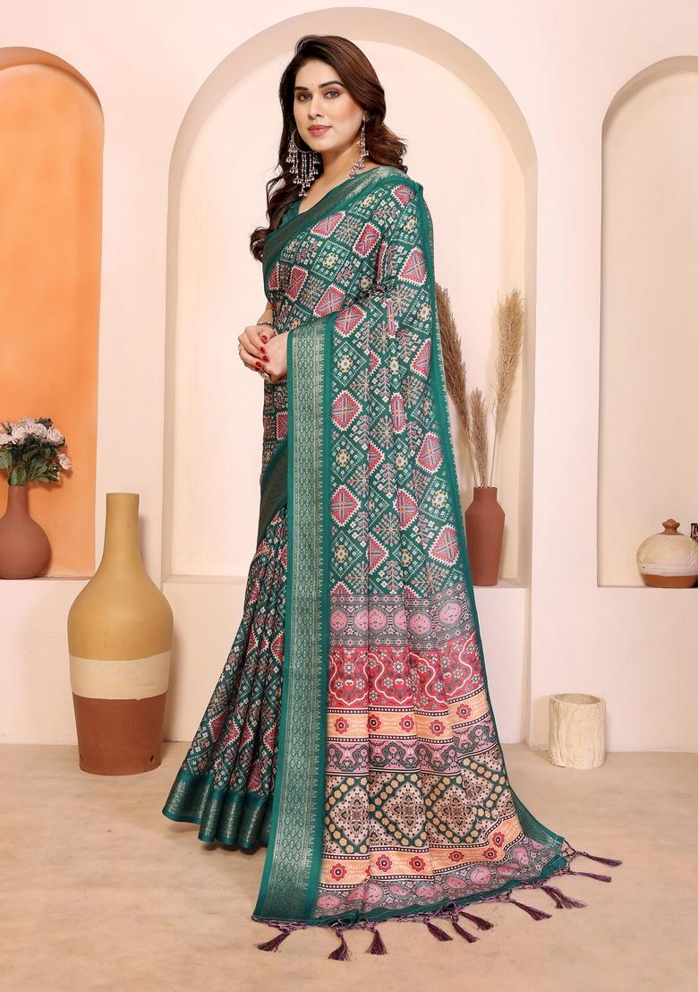 Green Printed Silk Blend Saree Set - Indya
