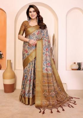 Light Yellow Printed Silk Blend Saree Set