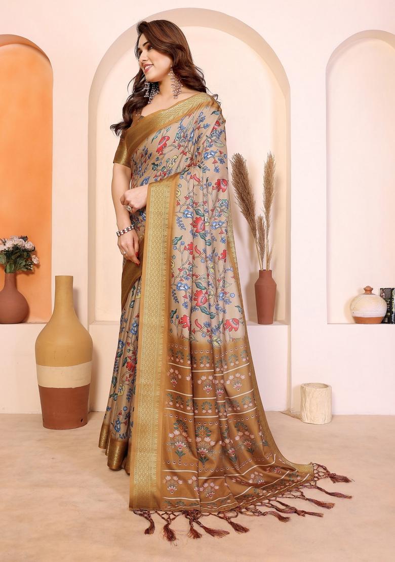 Light Yellow Printed Silk Blend Saree Set - Indya