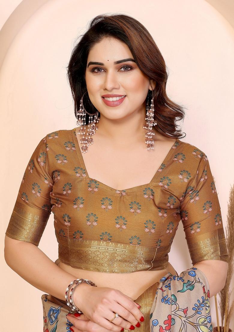 Light Yellow Printed Silk Blend Saree Set - Indya