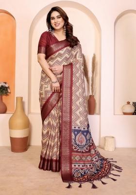 Maroon Printed Silk Blend Saree Set
