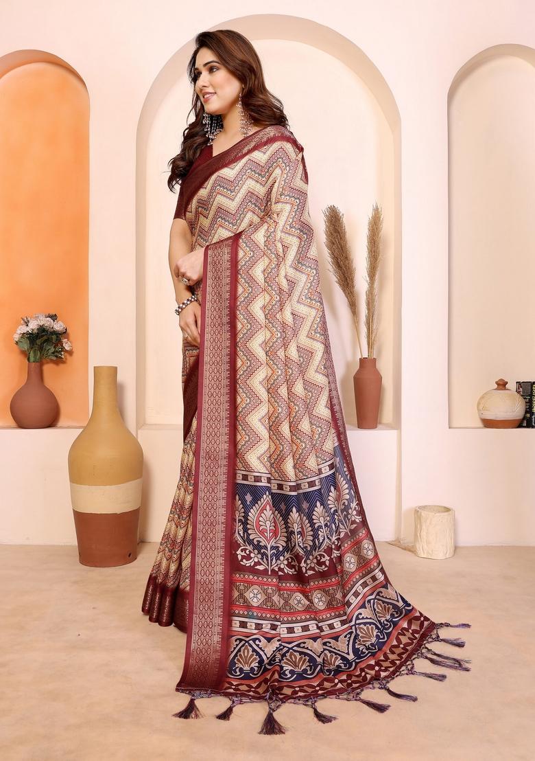 Maroon Printed Silk Blend Saree Set - Indya