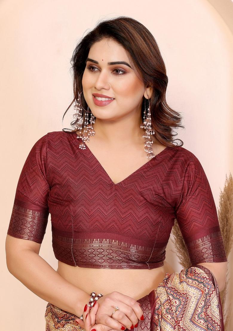 Maroon Printed Silk Blend Saree Set - Indya