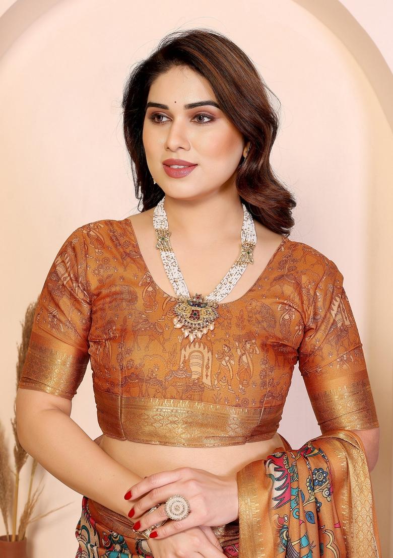 Mustard Printed Silk Blend Saree Set - Indya