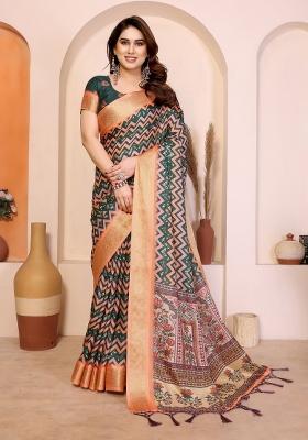 Peach Printed Silk Blend Saree Set