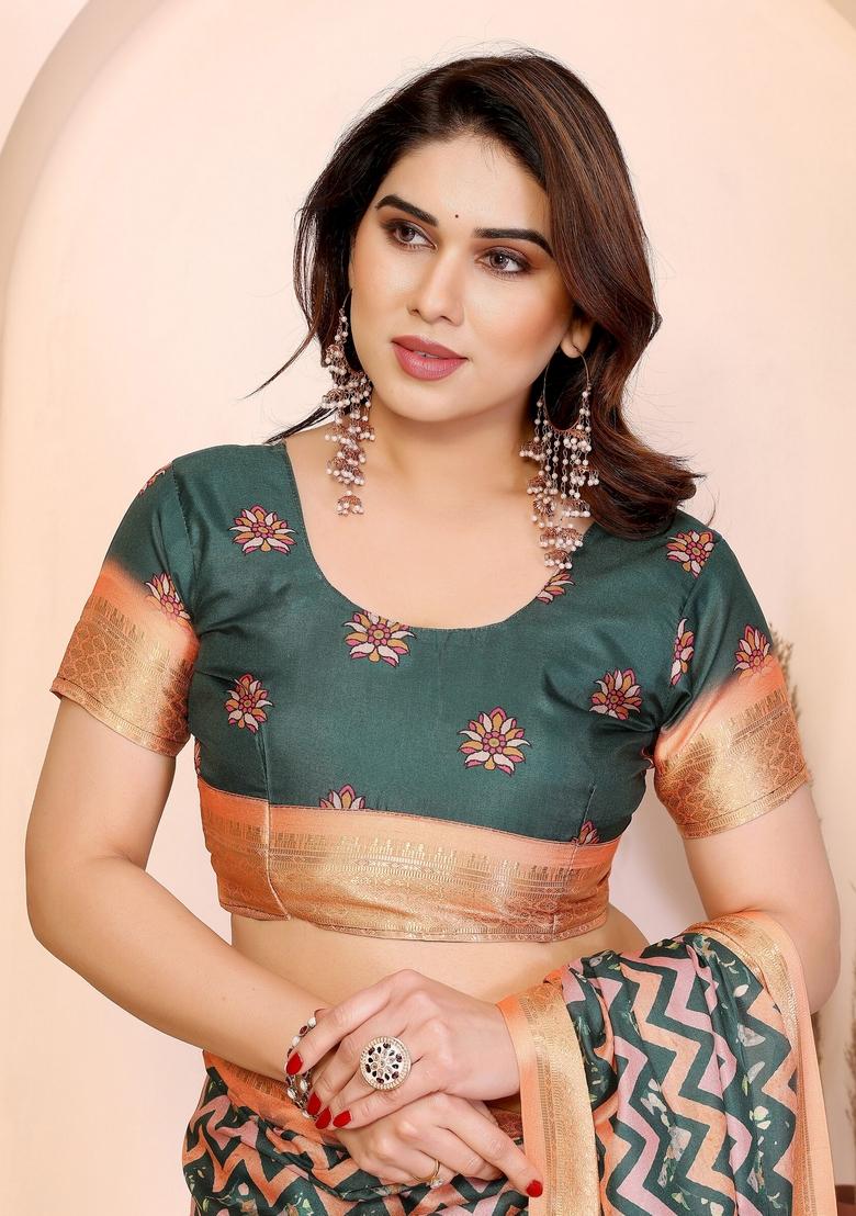 Peach Printed Silk Blend Saree Set - Indya