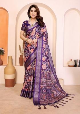 Purple Printed Silk Blend Saree Set