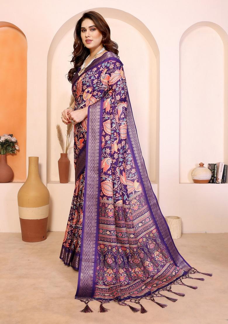 Purple Printed Silk Blend Saree Set - Indya
