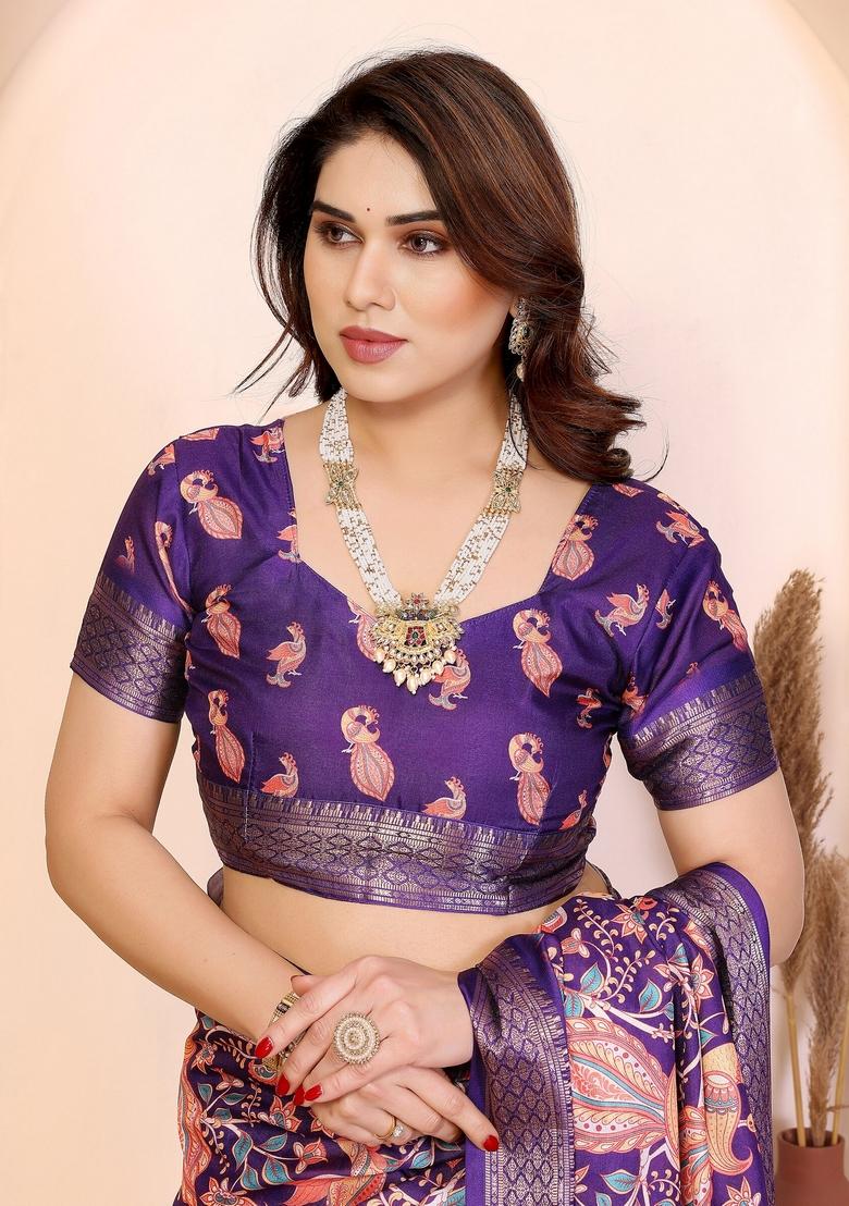 Purple Printed Silk Blend Saree Set - Indya