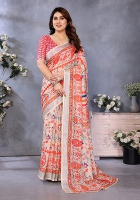 Orange Printed Linen Saree Set