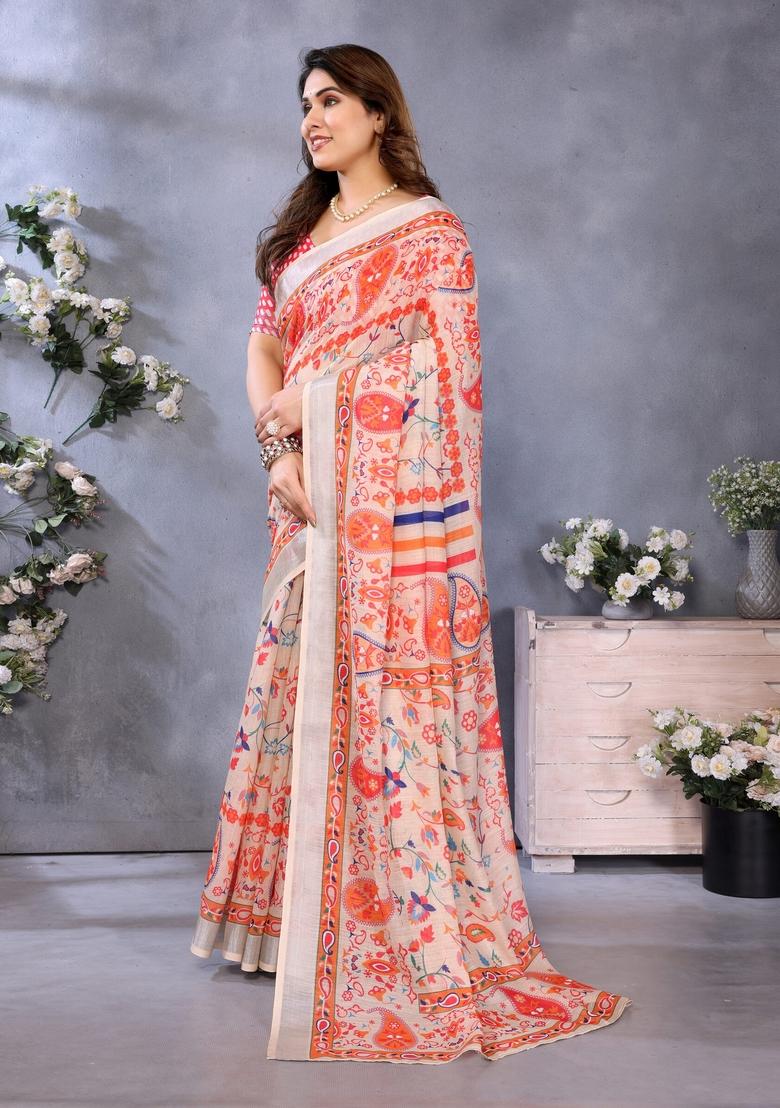Orange Printed Linen Saree Set - Indya