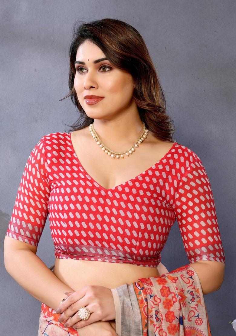 Orange Printed Linen Saree Set - Indya