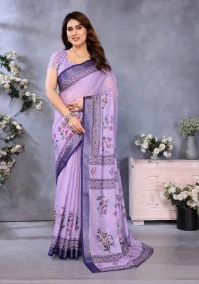 Purple Printed Linen Saree Set