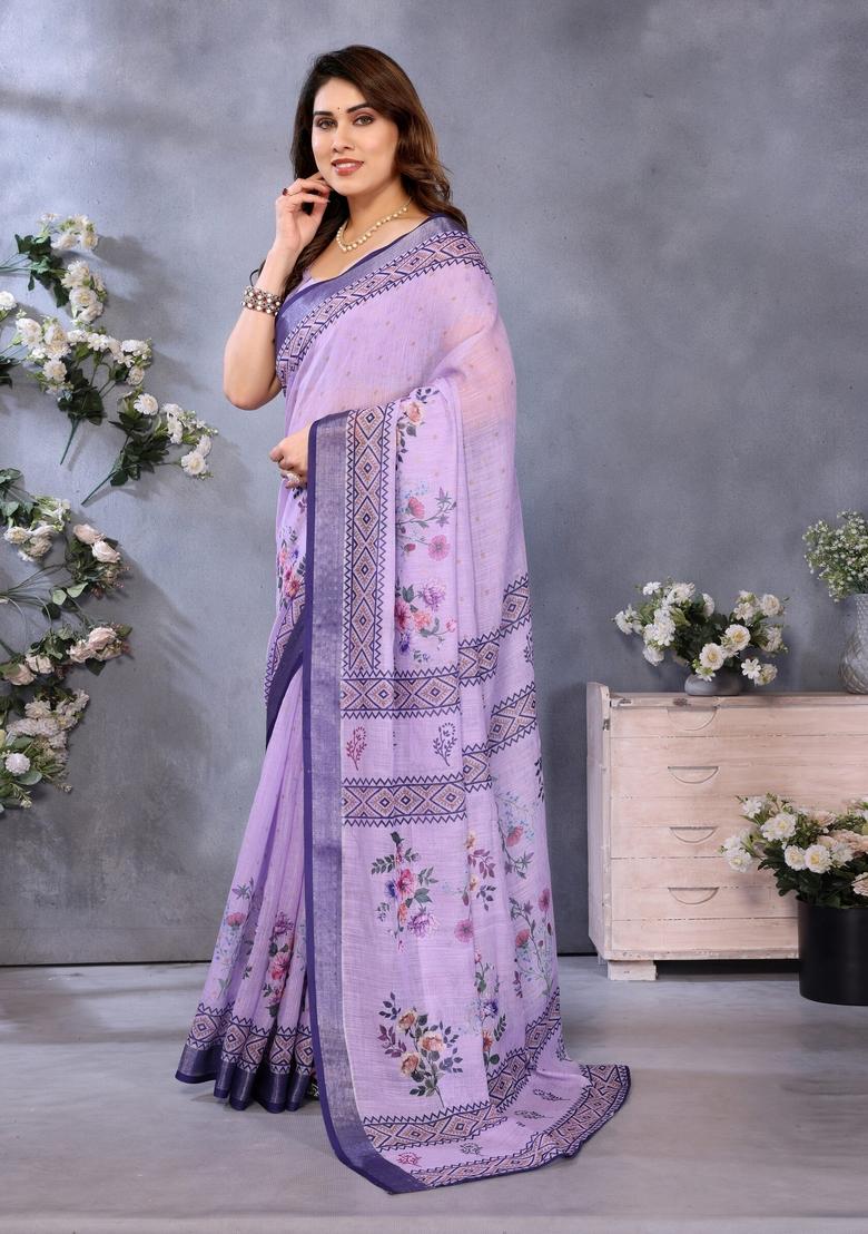 Purple Printed Linen Saree Set - Indya