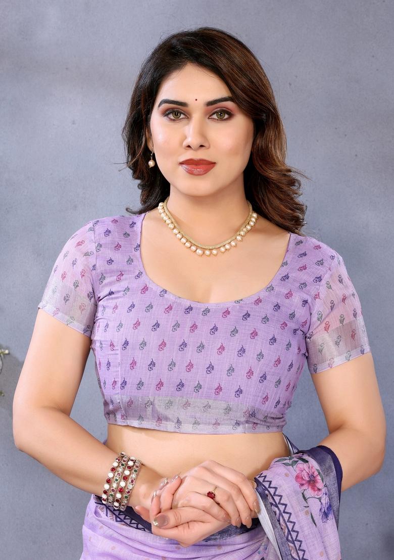 Purple Printed Linen Saree Set - Indya