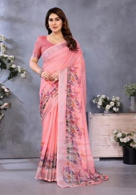 Peach Printed Linen Saree Set