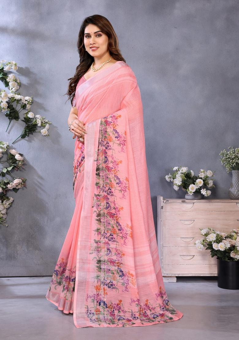 Peach Printed Linen Saree Set - Indya