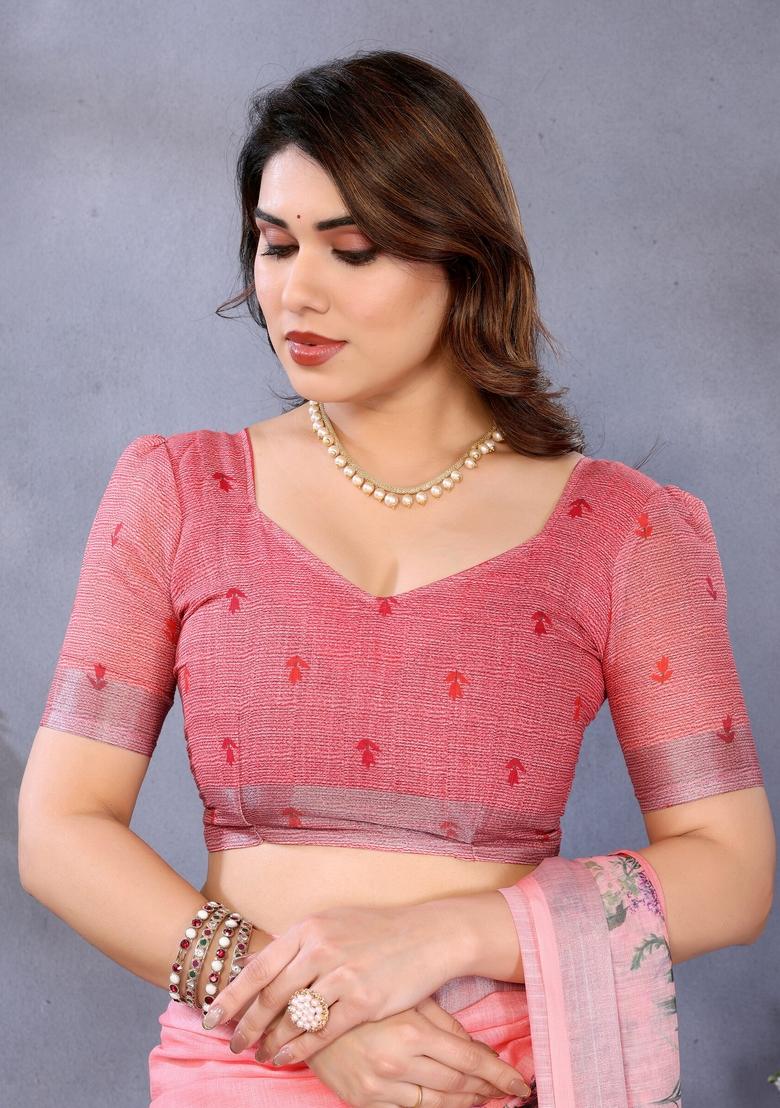 Peach Printed Linen Saree Set - Indya