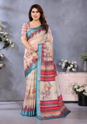 Cream Printed Linen Saree Set