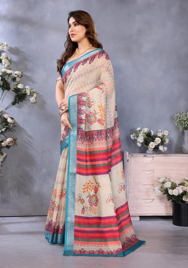 Cream Printed Linen Saree Set - Indya