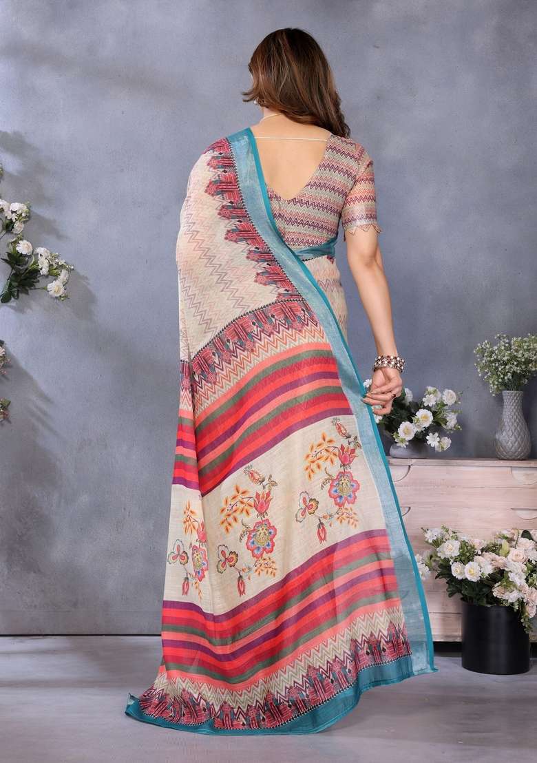 Cream Printed Linen Saree Set for Diwali and Festive Wear - Indya