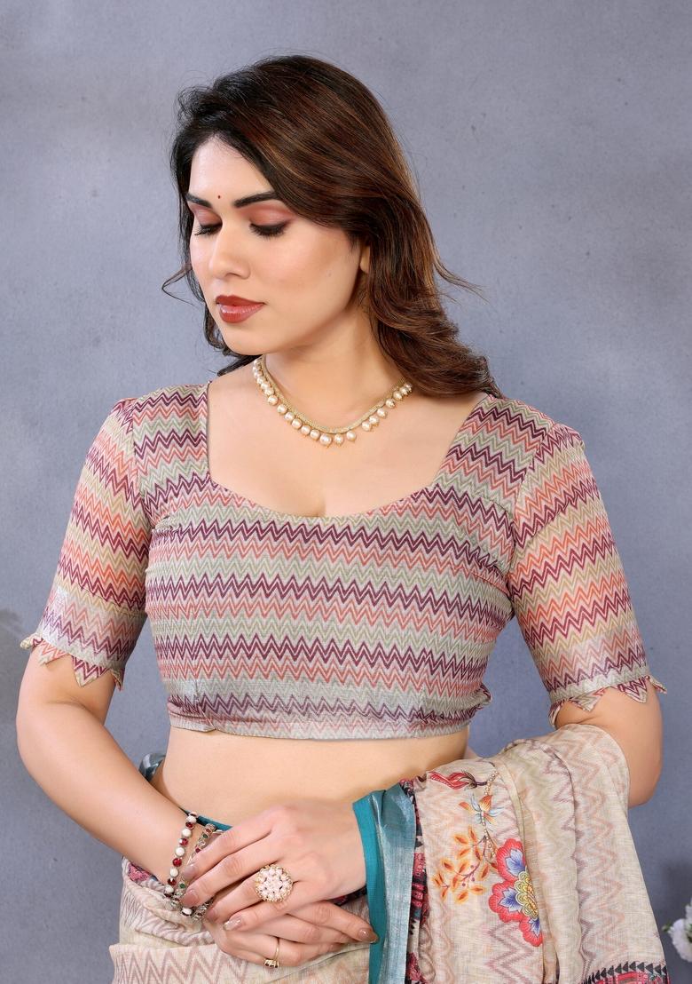 Cream Printed Linen Saree Set - Indya
