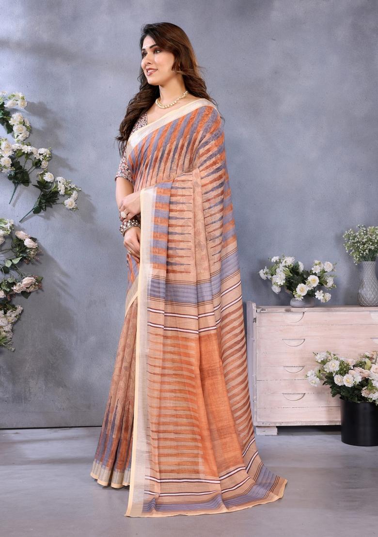 Brown Printed Linen Saree Set - Indya