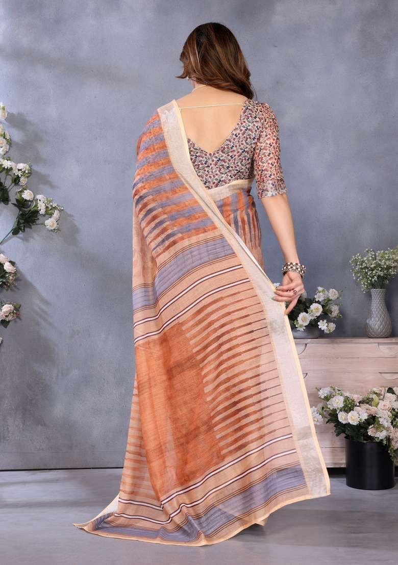 Brown Printed Linen Saree Set for Diwali and Festive Wear - Indya
