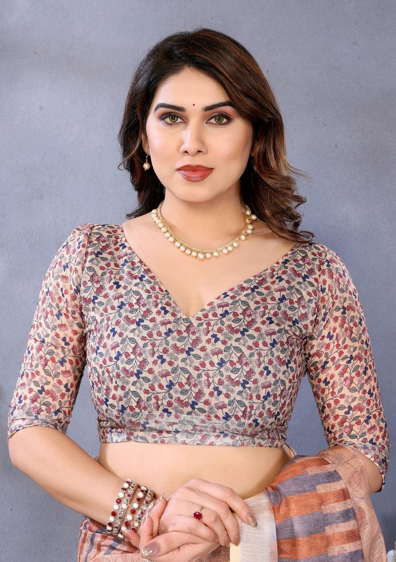 Brown Printed Linen Saree Set - Indya