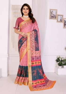 Blue Printed Linen Saree Set