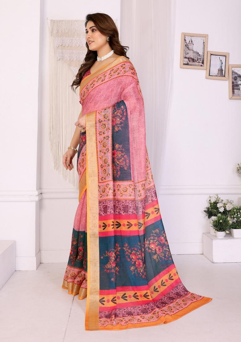 Blue Printed Linen Saree Set - Indya