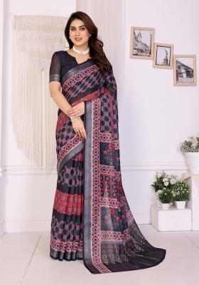Black Printed Linen Saree Set