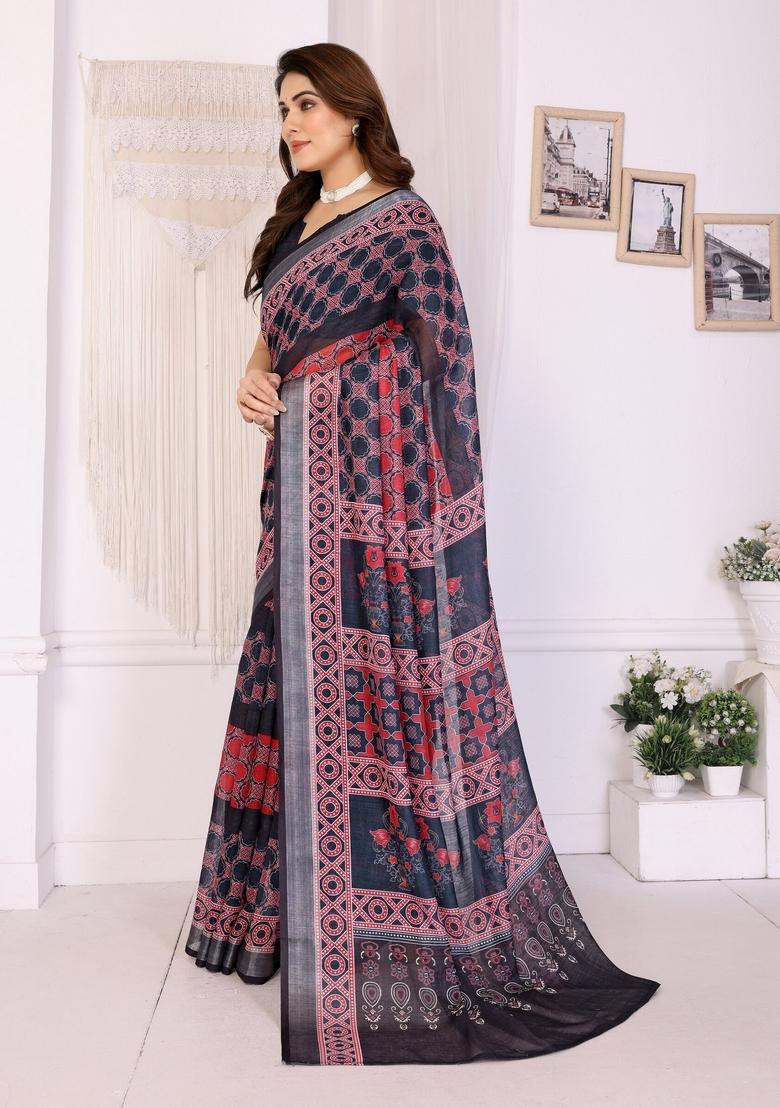 Black Printed Linen Saree Set - Indya