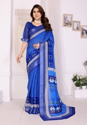 Blue Printed Linen Saree Set
