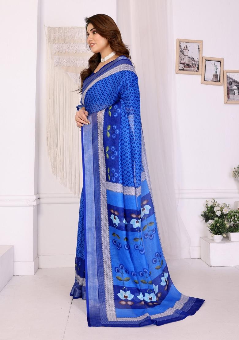 Blue Printed Linen Saree Set - Indya