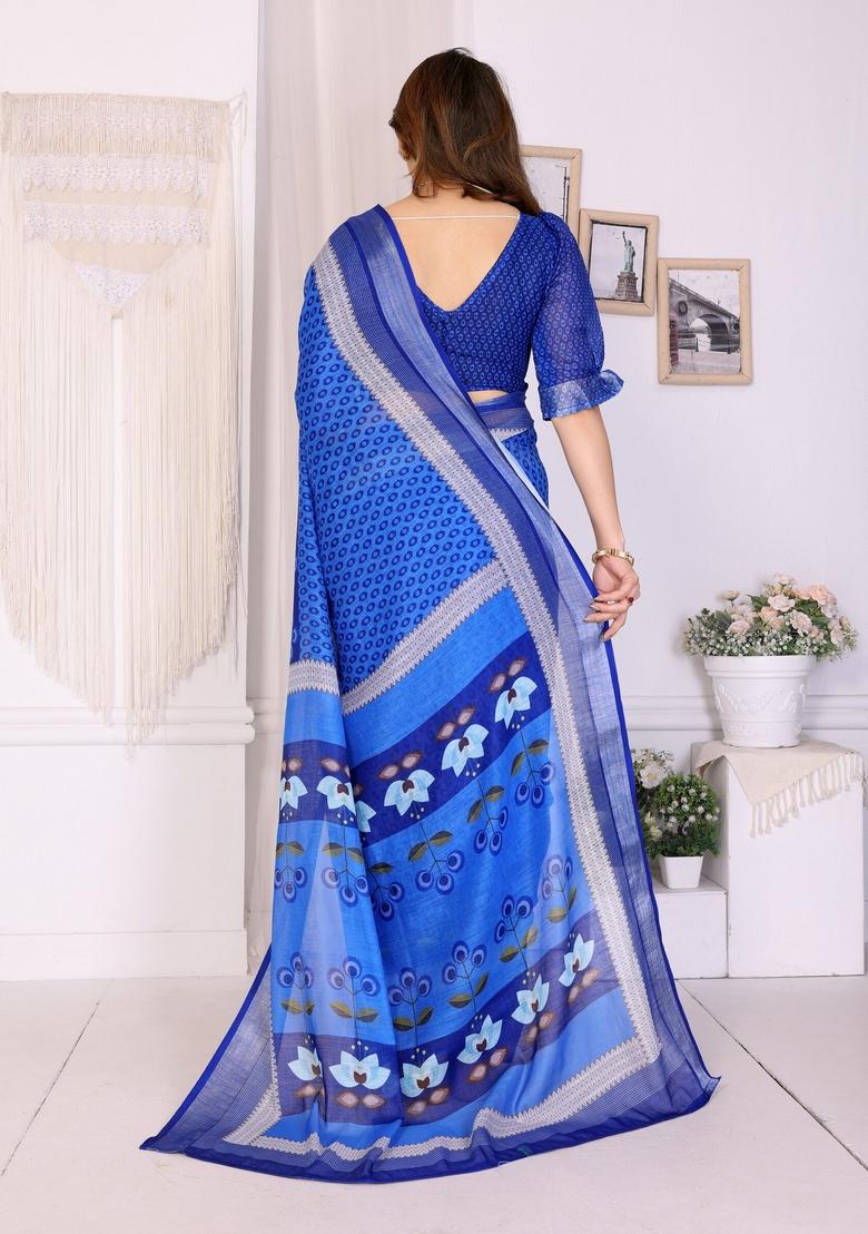 Blue Printed Linen Saree Set - Indya
