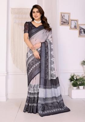 Black Printed Linen Saree Set