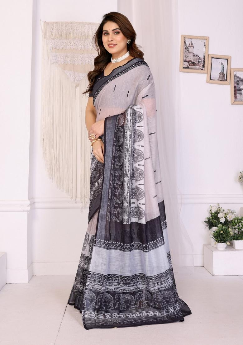 Black Printed Linen Saree Set - Indya