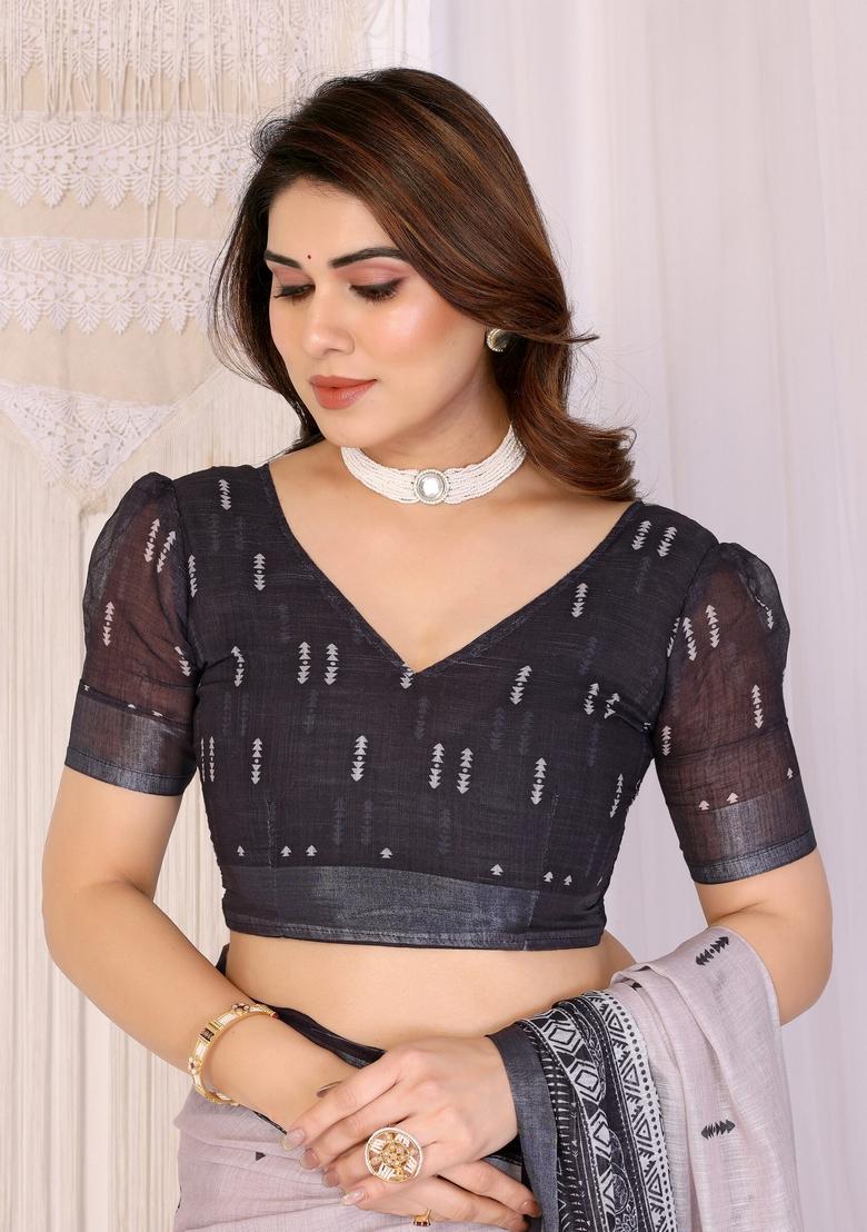 Black Printed Linen Saree Set - Indya