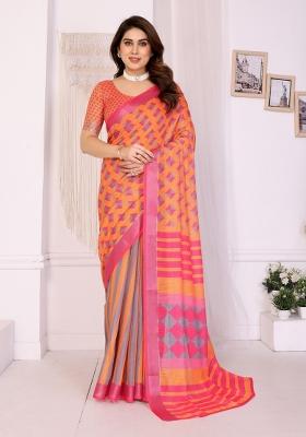 Orange Printed Linen Saree Set