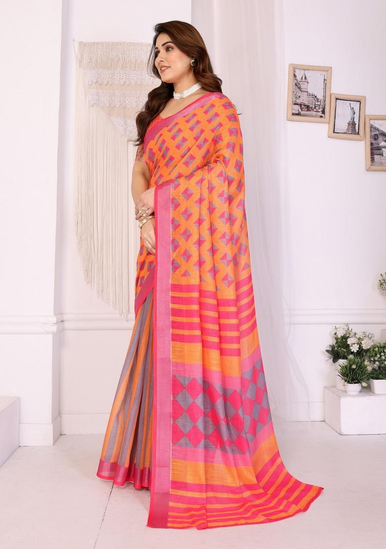 Orange Printed Linen Saree Set - Indya
