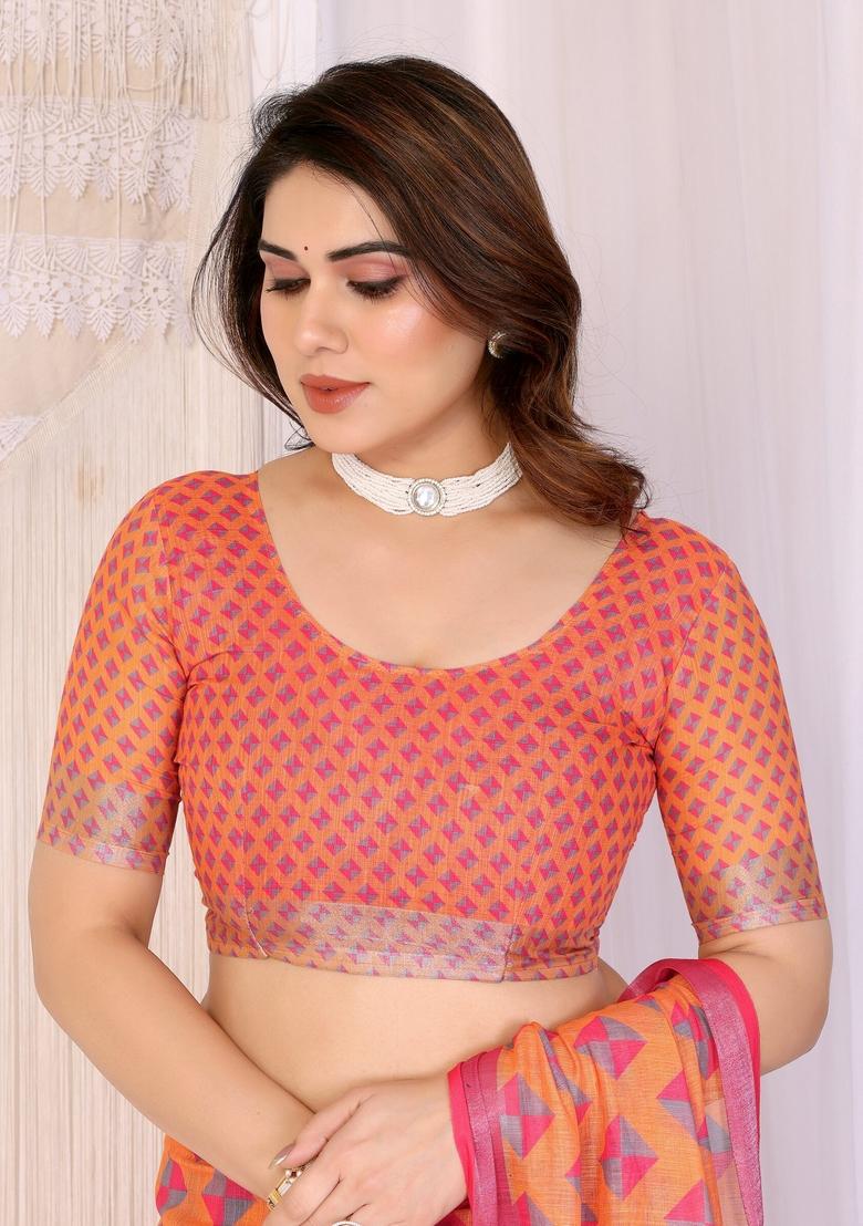 Orange Printed Linen Saree Set - Indya