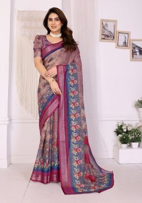 Wine Printed Linen Saree Set