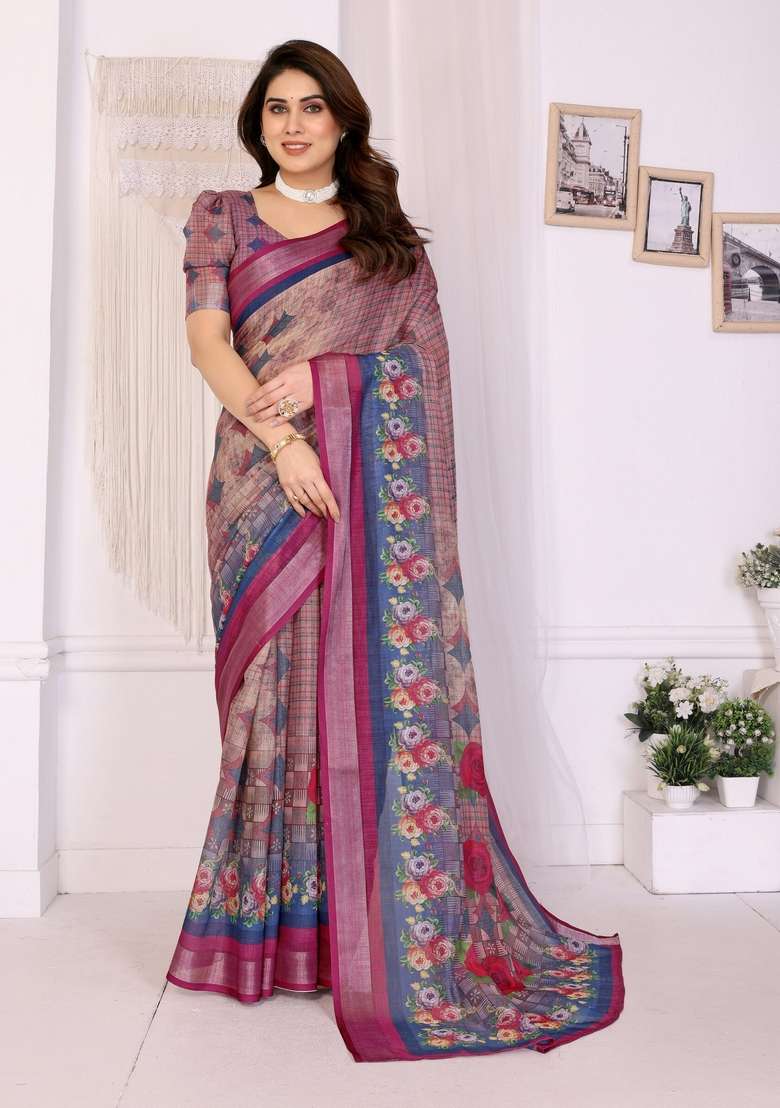 Wine Printed Linen Saree Set for Diwali and Festive Wear - Indya